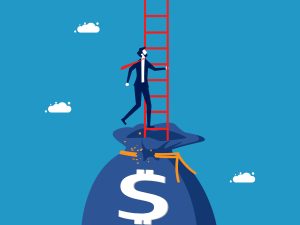 Freedom and finances. Businessman climbs ladder out of money bag vector